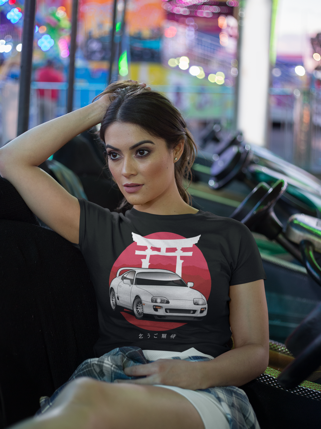 Attractive woman wearing a MK4 Toyota Supra T Shirt in car shirts - Modified Street Style