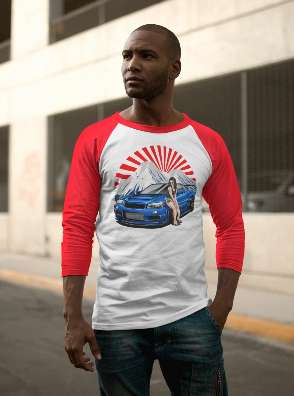 Man wearing a Nissan R34 GT-R baseball t shirt  in car clothing - Modified Street Style 