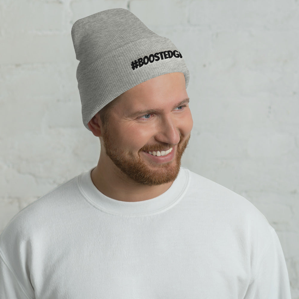 man wearing a Gray #BoostedGang car Beanie under the car clothing section - Modified Street Style