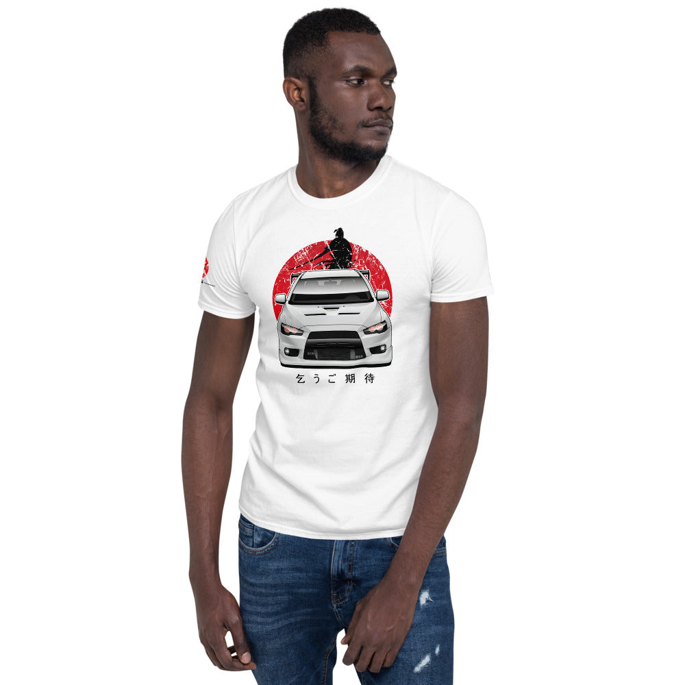 Man wearing a white Mitsubishi Evo t shirt in automotive clothing - Modified Street Style