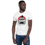 Man wearing a white Mitsubishi Evo t shirt in automotive clothing - Modified Street Style
