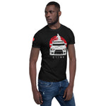 Angled view of a man wearing a black Mitsubishi Evo t shirt in car apparel - Modified Street Style