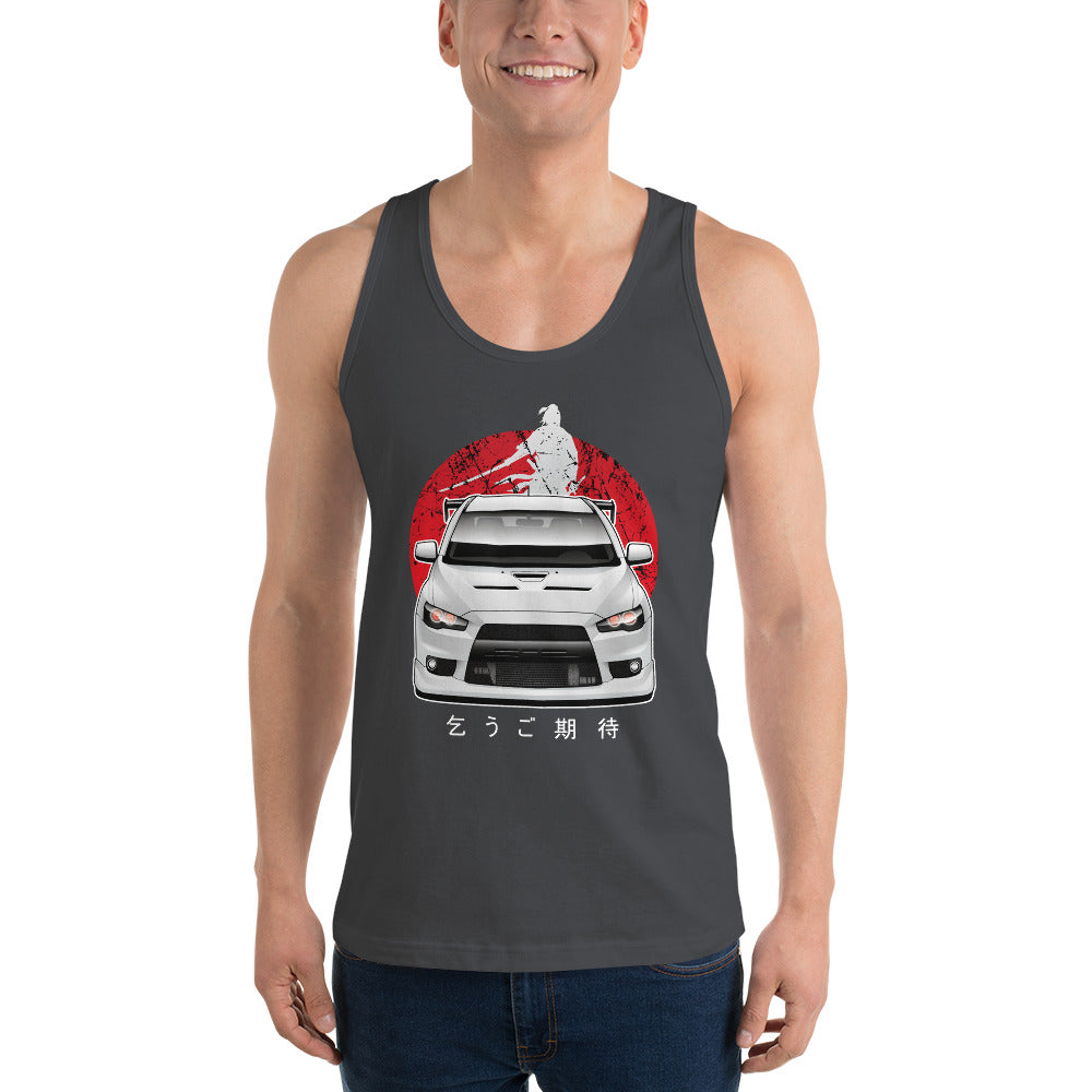 Man wearing a gray Mitsubishi Evo tank top in car apparel - Modified Street Style