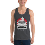 Man wearing a gray Mitsubishi Evo tank top in car apparel - Modified Street Style