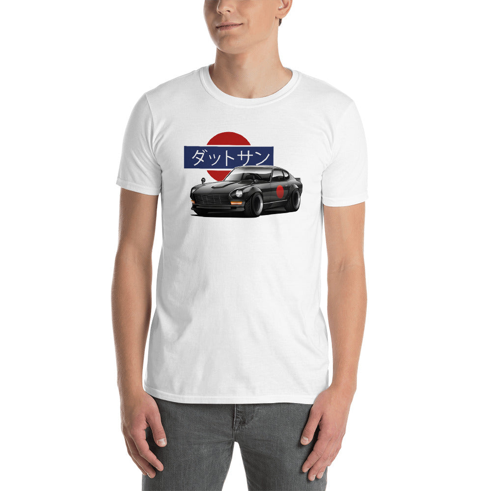 Man wearing a white Datsun 240z t shirt in automotive clothing - Modified Street Style clothing