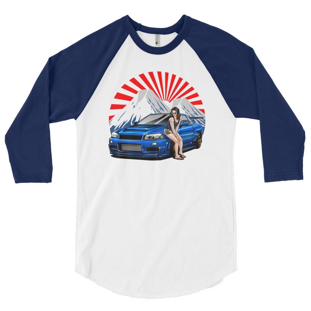 blue and white Nissan R34 GT-R baseball t shirt  in automotive t shirts - Modified Street Style 