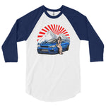 blue and white Nissan R34 GT-R baseball t shirt  in automotive t shirts - Modified Street Style 