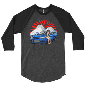 Black and gray Nissan R34 GT-R baseball t shirt  in JDM t shirts - Modified Street Style 
