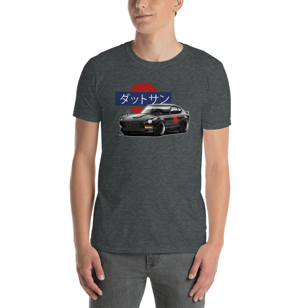 Man wearing a dark gray Datsun 240z t shirt in jdm apparel - Modified Street Style