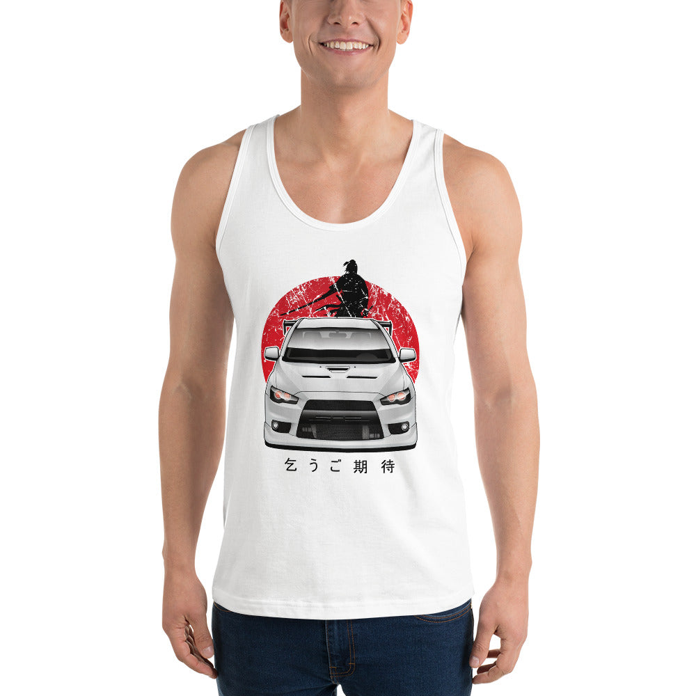 Man wearing a white Mitsubishi Evo tank top in JDM Shirts - Modified Street Style