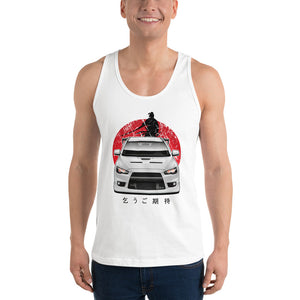 Man wearing a white Mitsubishi Evo tank top in JDM Shirts - Modified Street Style