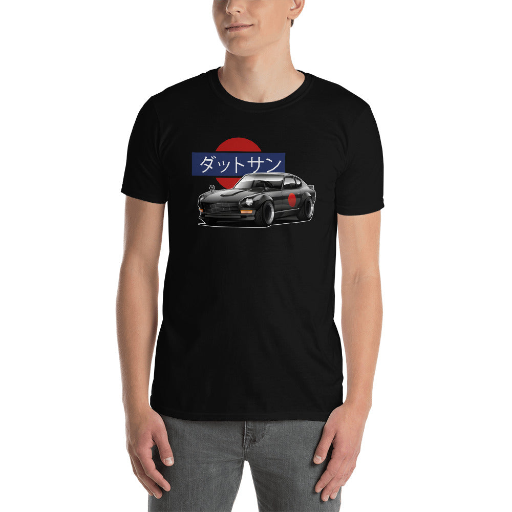 Man wearing a black Datsun 240z t shirt in JDM clothing - Modified Street Style