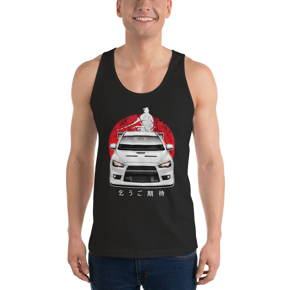 Man wearing a black Mitsubishi Evo tank top in automotive clothing - Modified Street Style