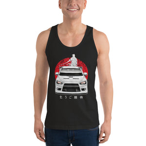 Man wearing a black Mitsubishi Evo tank top in automotive clothing - Modified Street Style