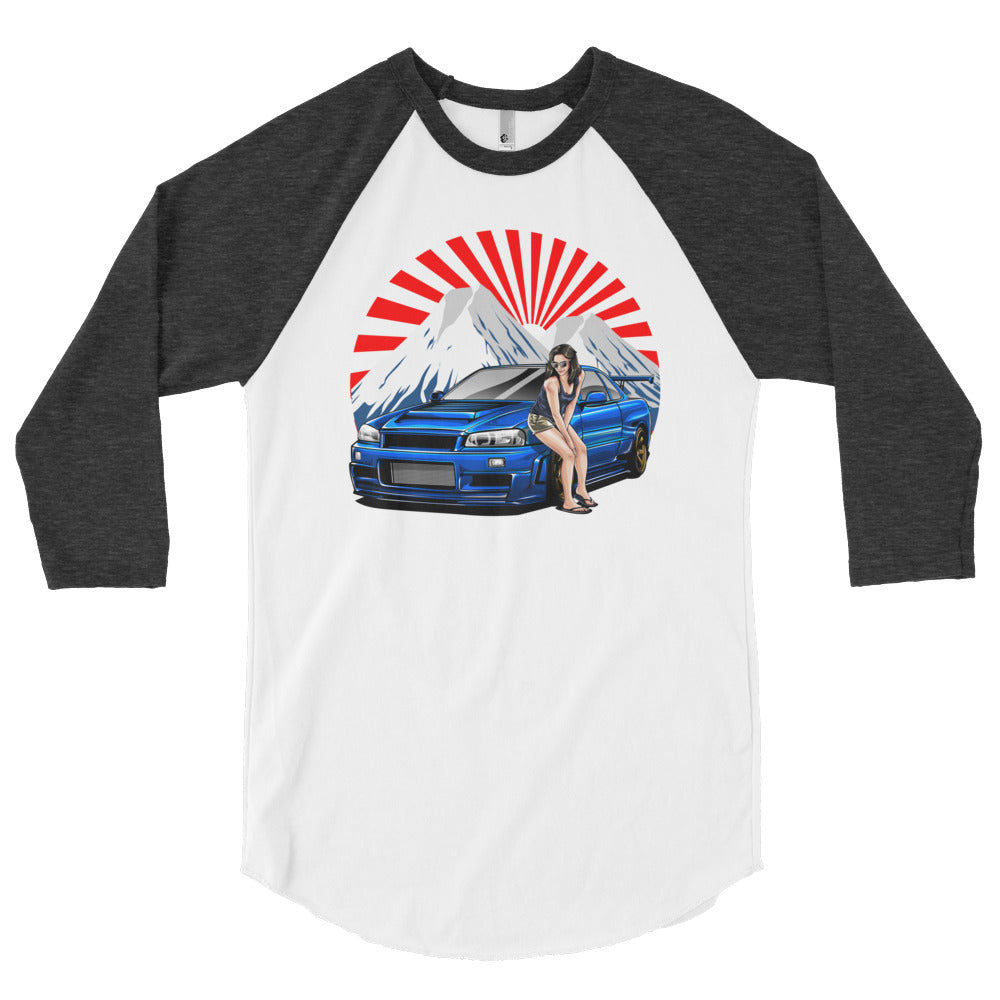 gray and white Nissan R34 GT-R baseball t shirt  in car t shirts - Modified Street Style 
