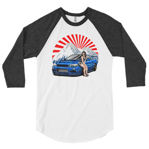 gray and white Nissan R34 GT-R baseball t shirt  in car t shirts - Modified Street Style 