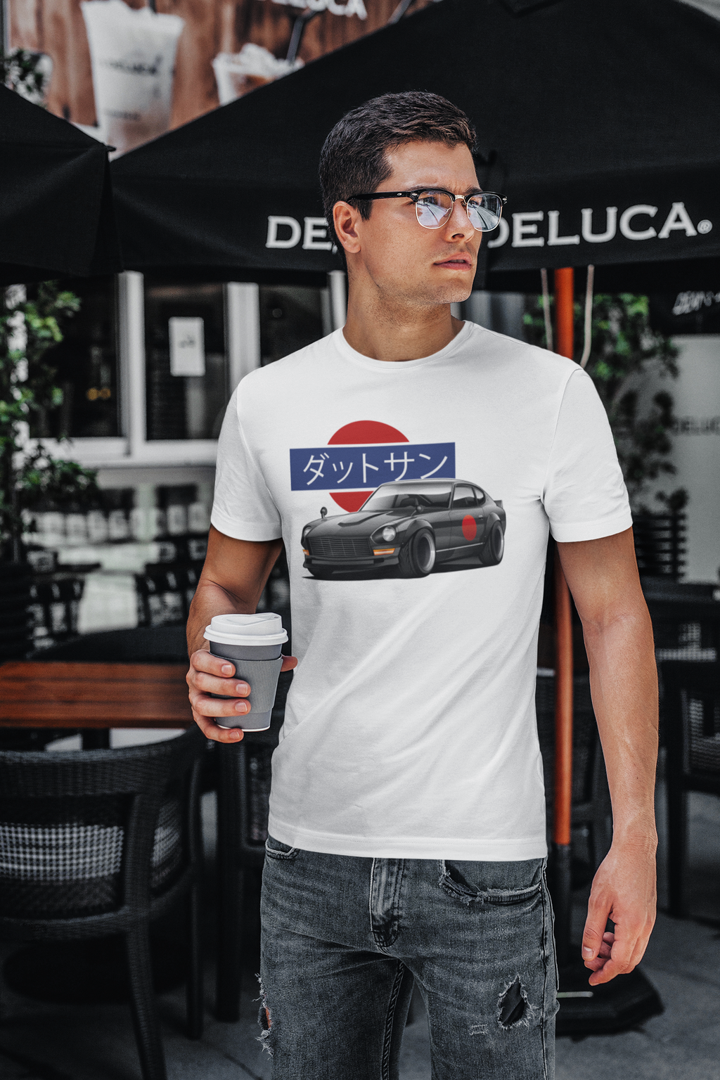 Man wearing a white Datsun 240z t shirt in car clothing - Modified Street Style